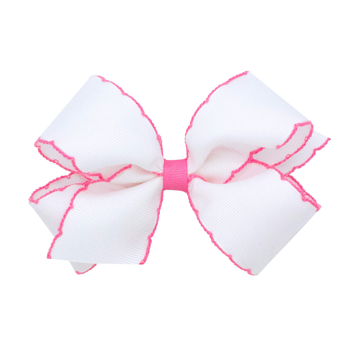 Wee Ones Moonstitch edge bow closeup shows durable grosgrain with white-pink trim