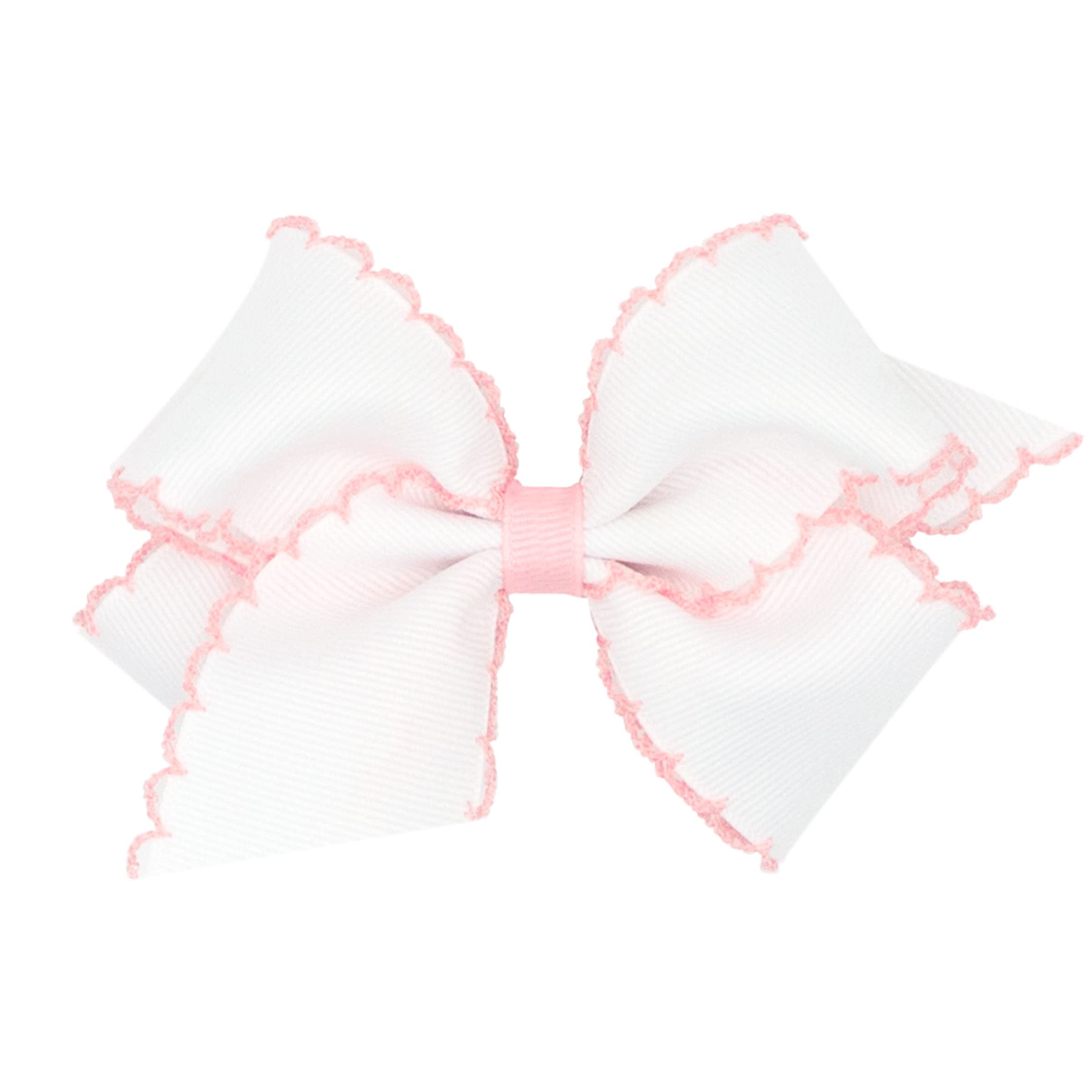 Wee Ones moonstitch bow on WeeStay clip, white with light pink edge adds everyday charm.