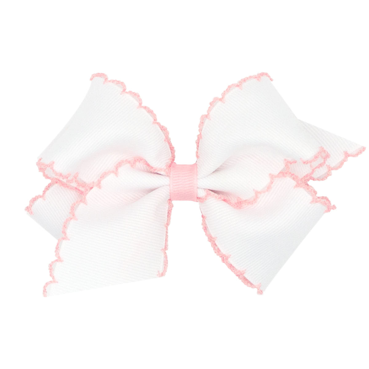 Wee Ones moonstitch bow on WeeStay clip, white with light pink edge adds everyday charm.