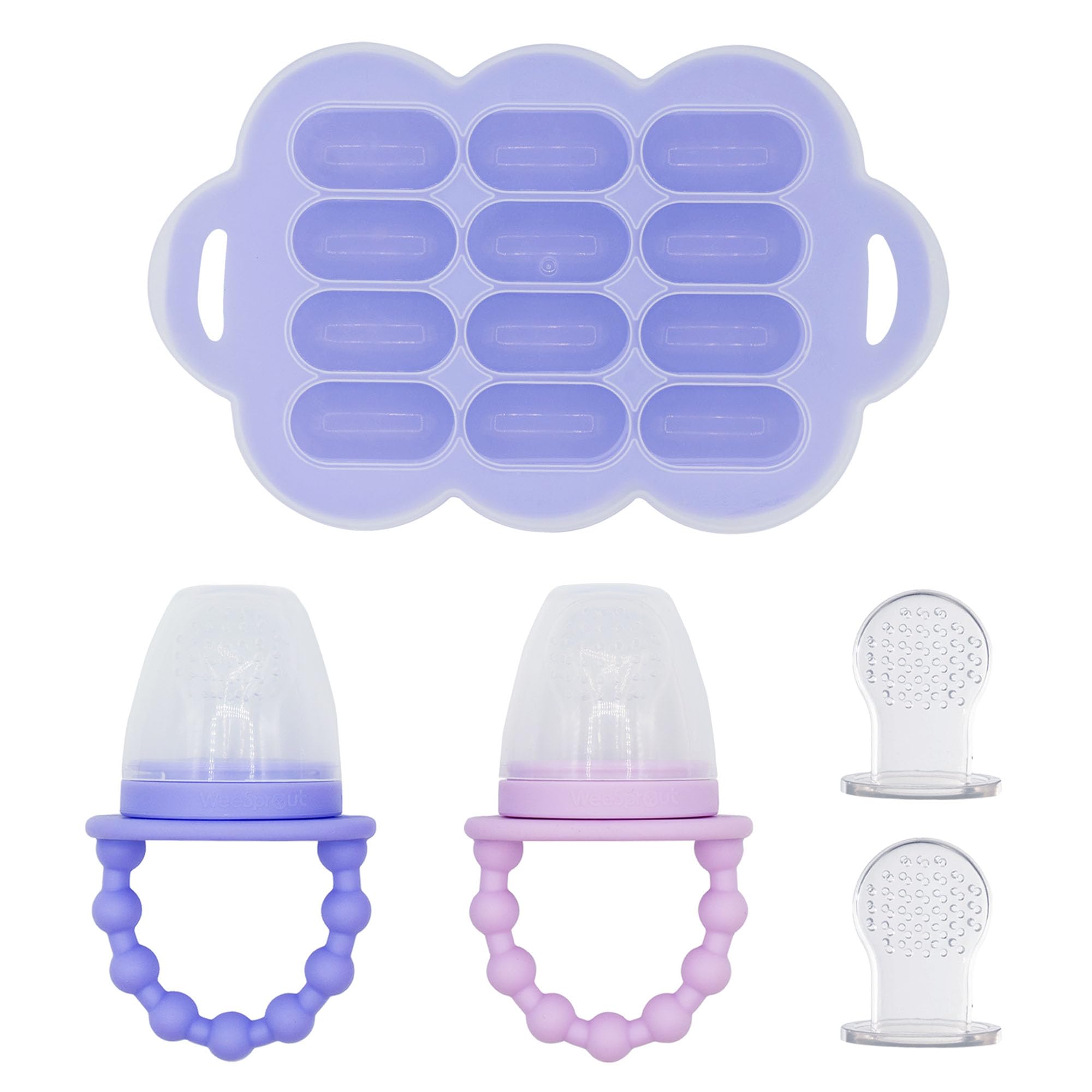 WeeSprout baby food feeder set with two silicone feeders for safe, controlled feeding of small bites.