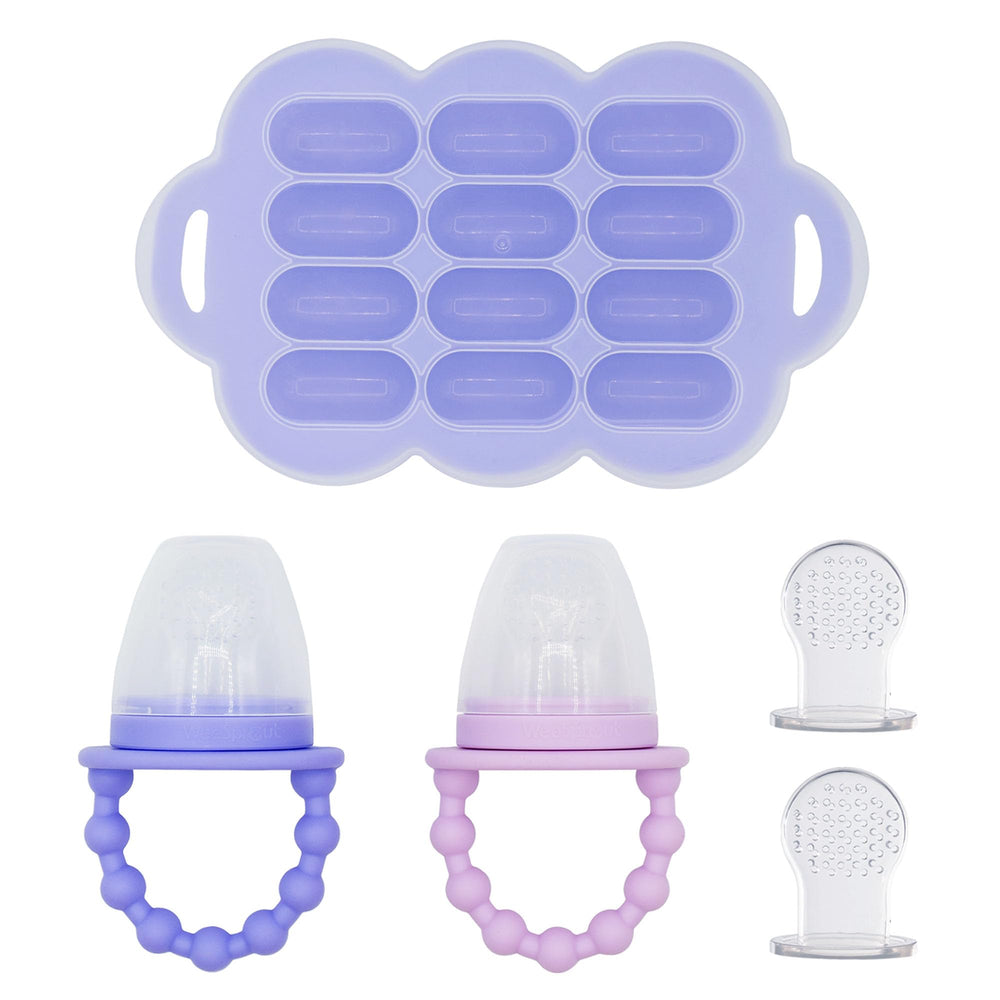 WeeSprout baby food feeder set with two silicone feeders for safe, controlled feeding of small bites.