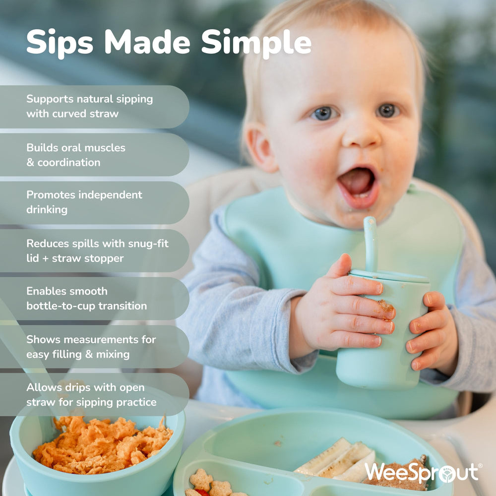 WeeSprout cups show built-in straw stoppers preventing spills