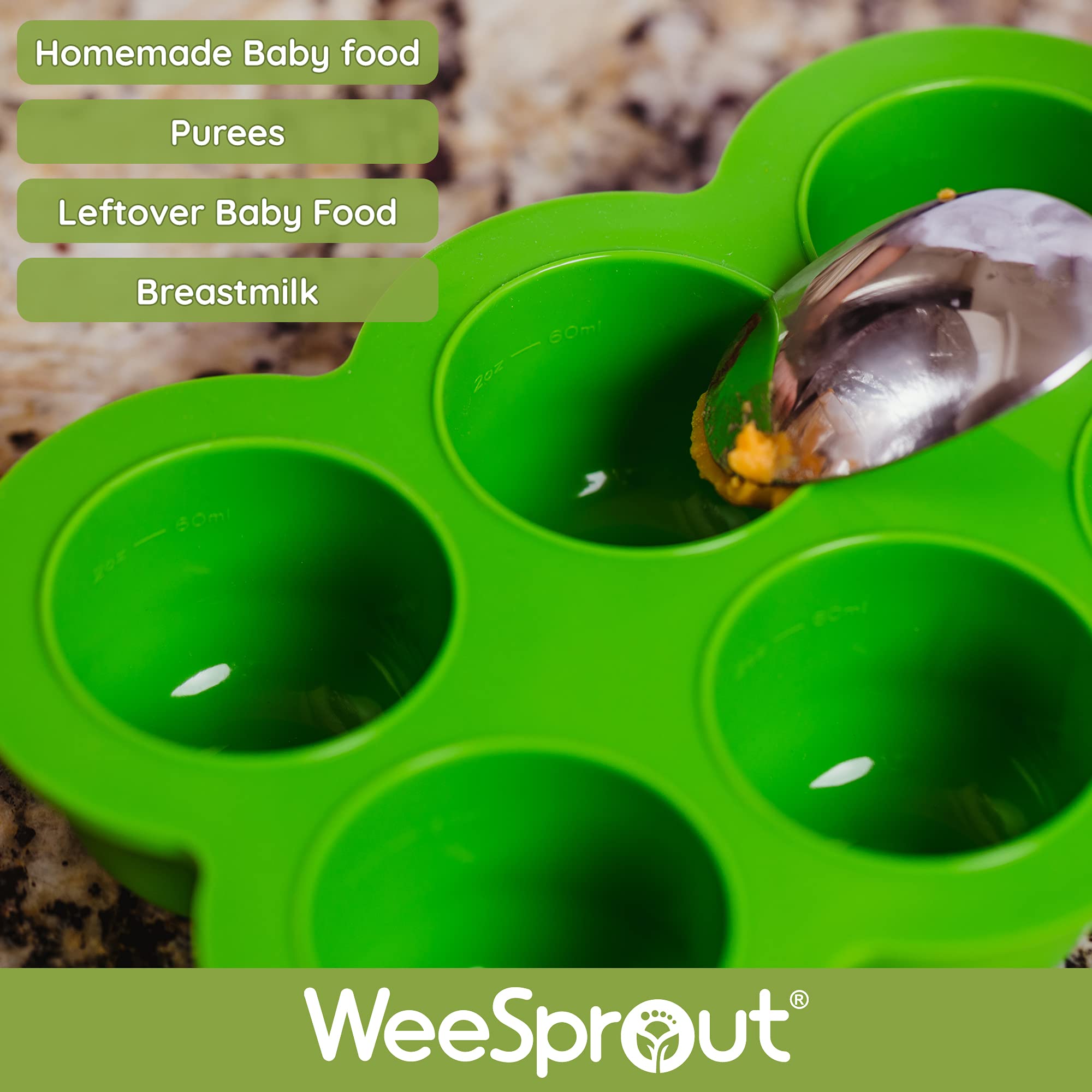 WeeSprout reinforced-bottom tray design prevents spills.