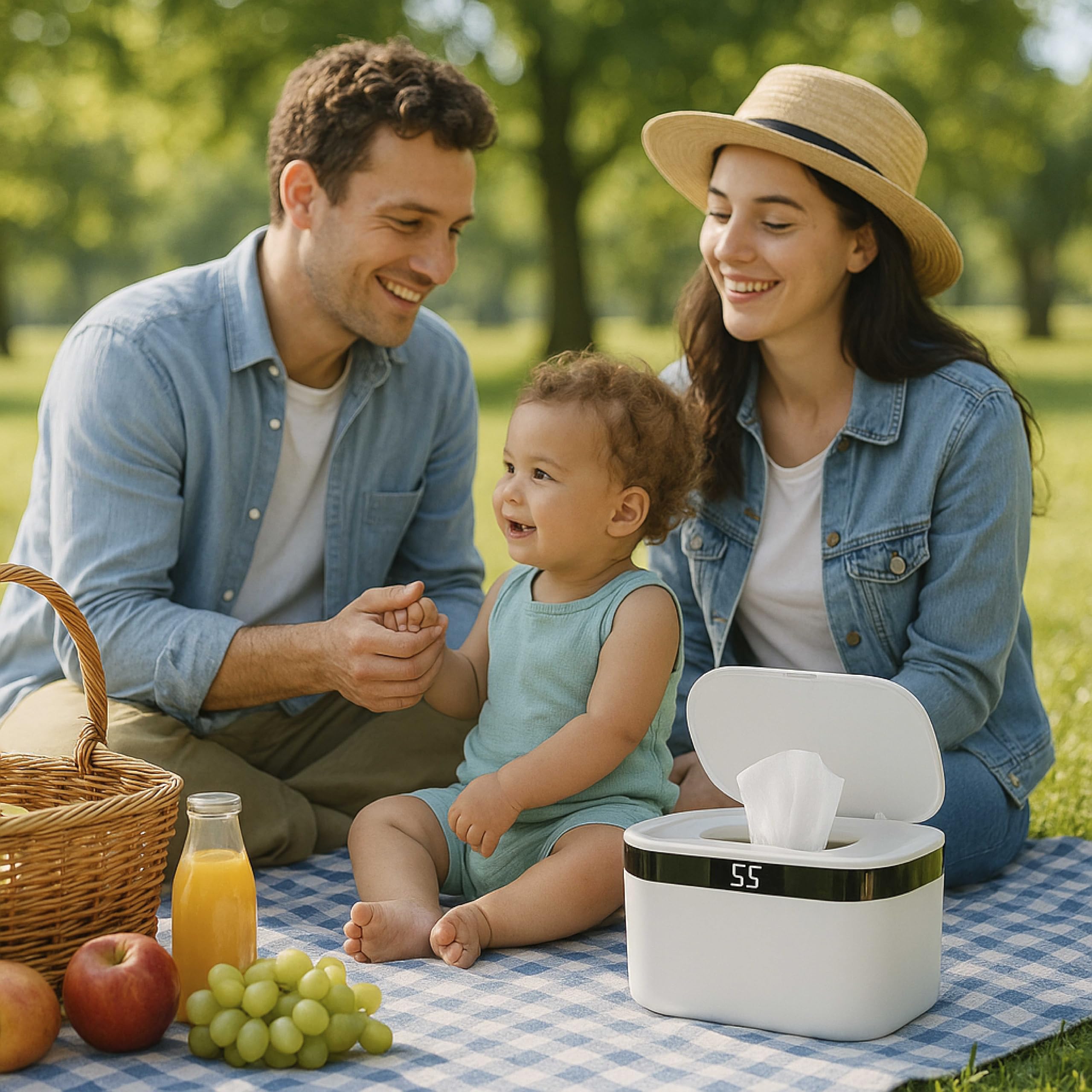Weegeeks portable baby wipe warmer shown in travel setup for on-the-go changes.