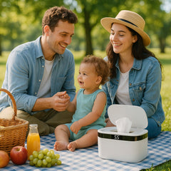 Weegeeks portable baby wipe warmer shown in travel setup for on-the-go changes.