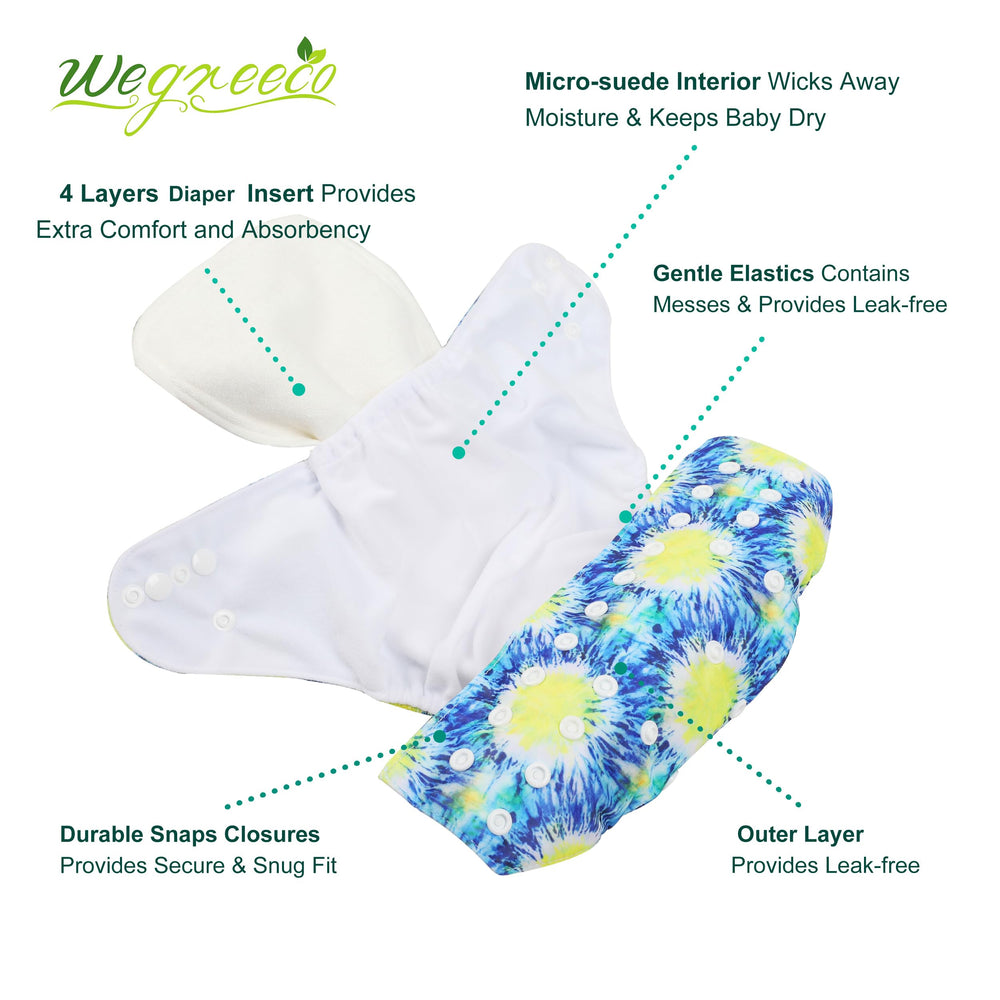 Wegreeco one-size diaper snaps demonstrate multiple size options