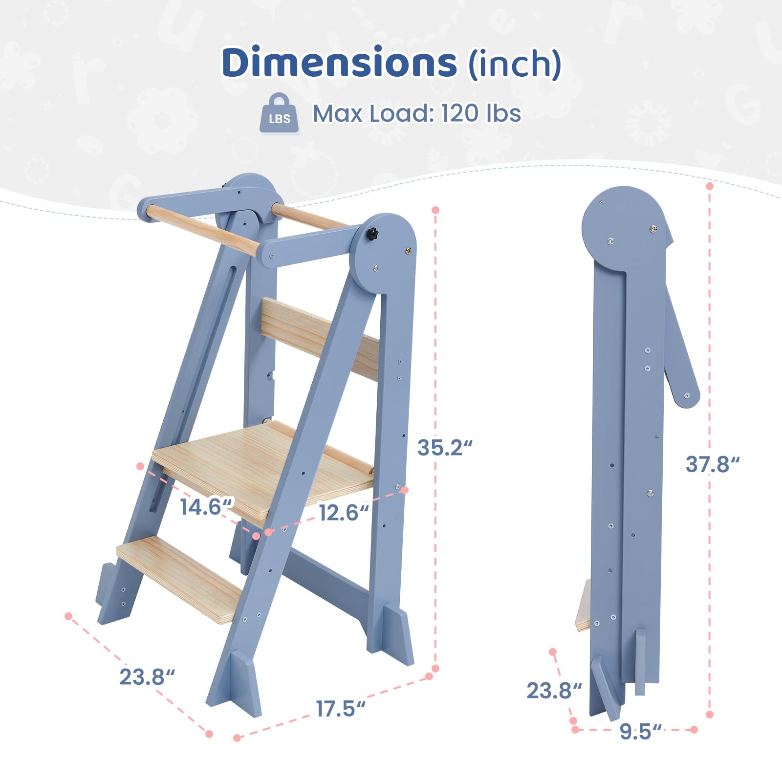 WeeGuruu foldable kitchen tower supports ages 18 months to 6 years.