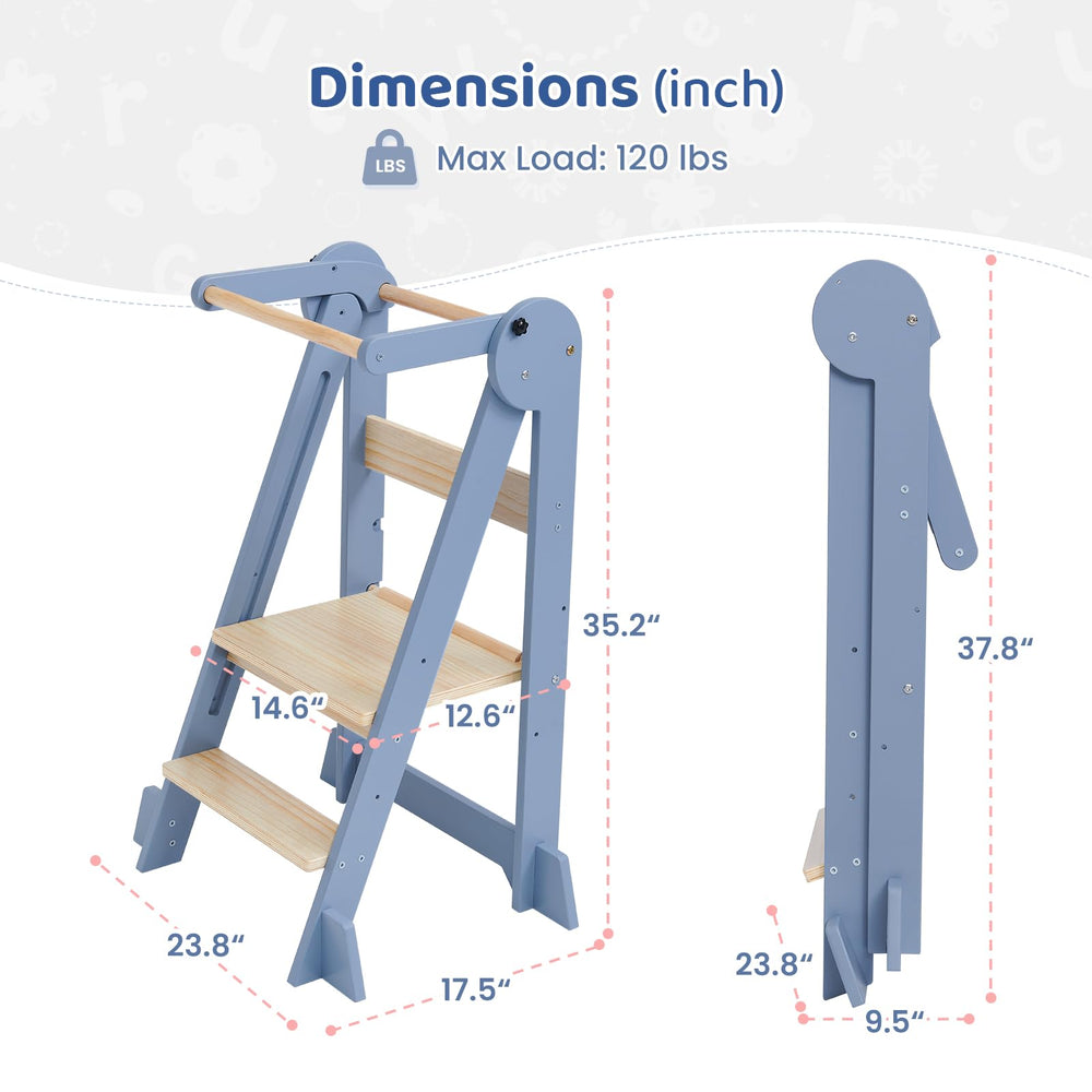 WeeGuruu foldable kitchen tower supports ages 18 months to 6 years.
