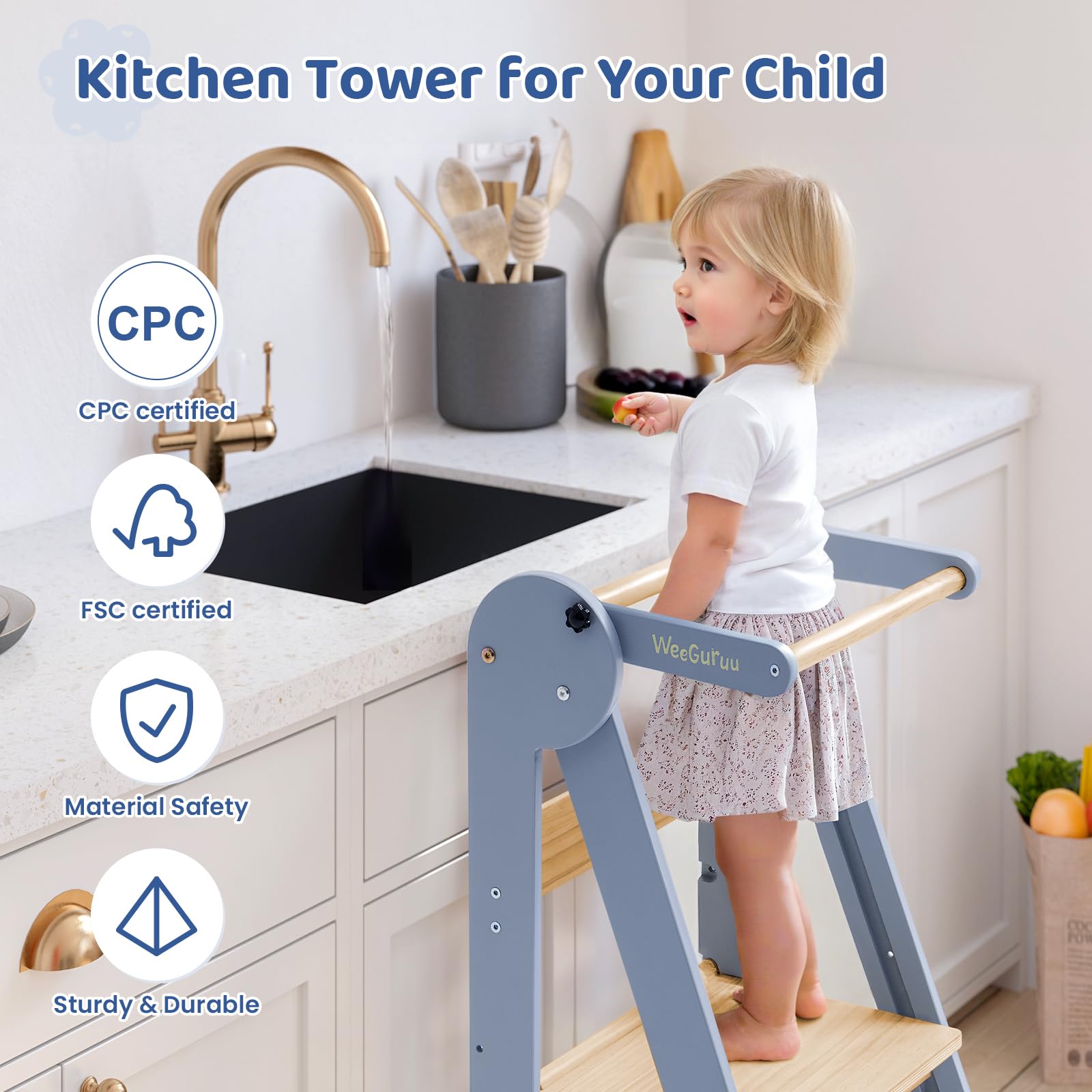 WeeGuruu foldable kitchen tower easy-clean surface simplifies maintenance and care.