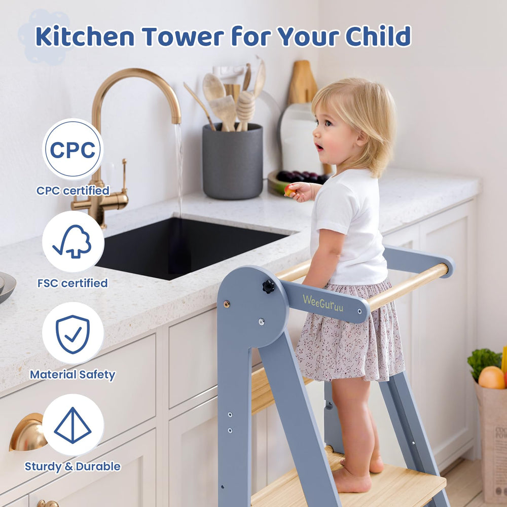 WeeGuruu foldable kitchen tower easy-clean surface simplifies maintenance and care.