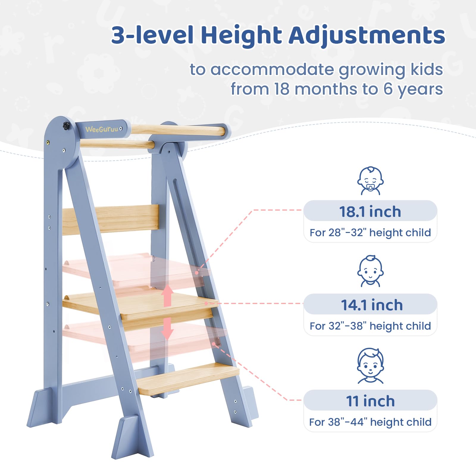 WeeGuruu foldable kitchen tower at height adjustment supports growing independence.