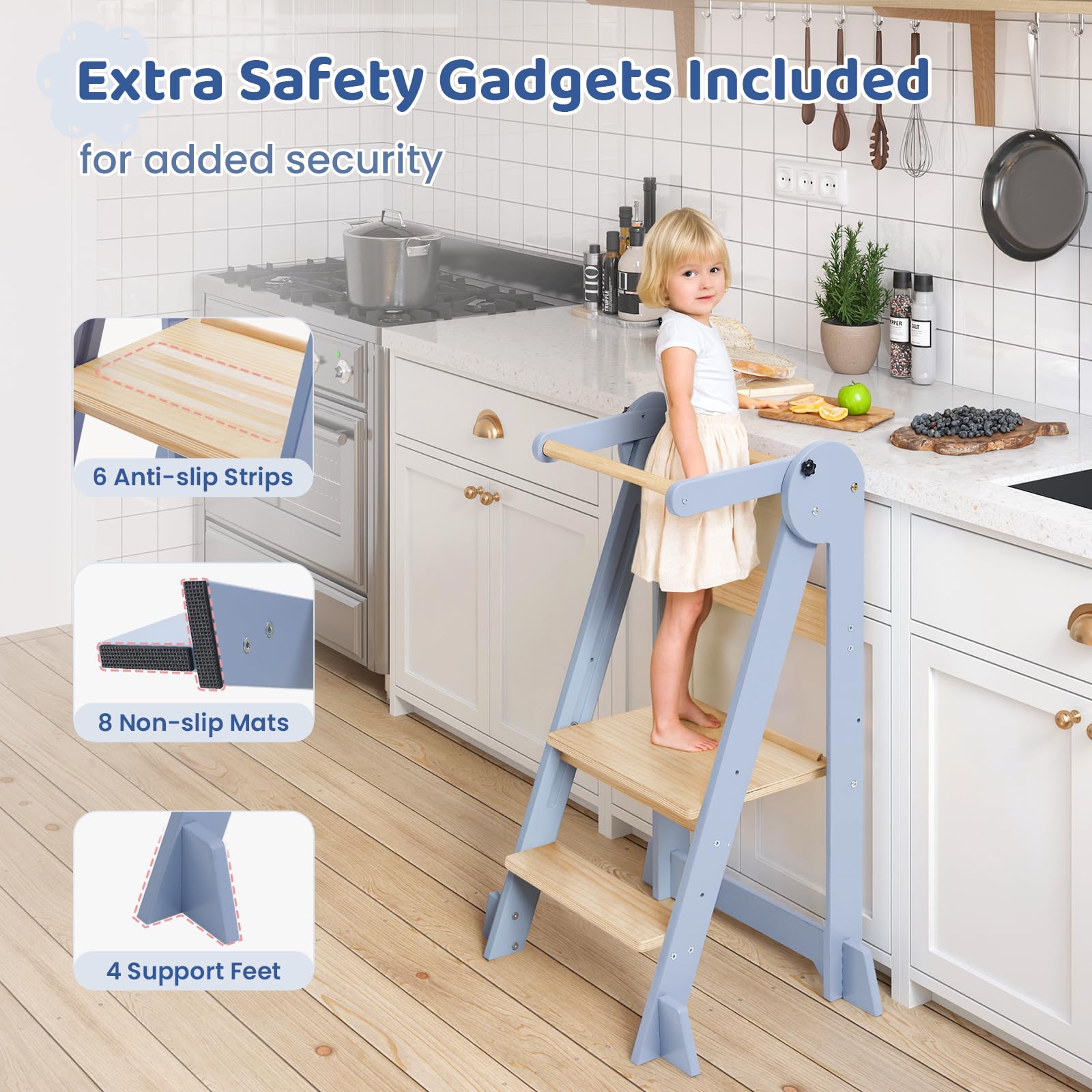 WeeGuruu foldable kitchen tower non-slip mats prevent slips on slick floors.