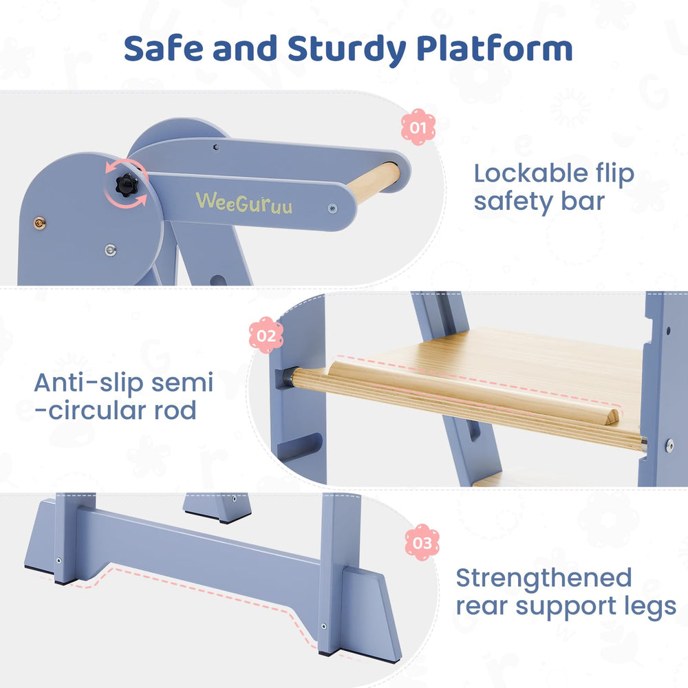 WeeGuruu foldable kitchen tower safety rails keep kids secure at the counter.