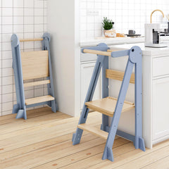 WeeGuruu foldable kitchen tower wooden frame provides a sturdy platform for toddlers.