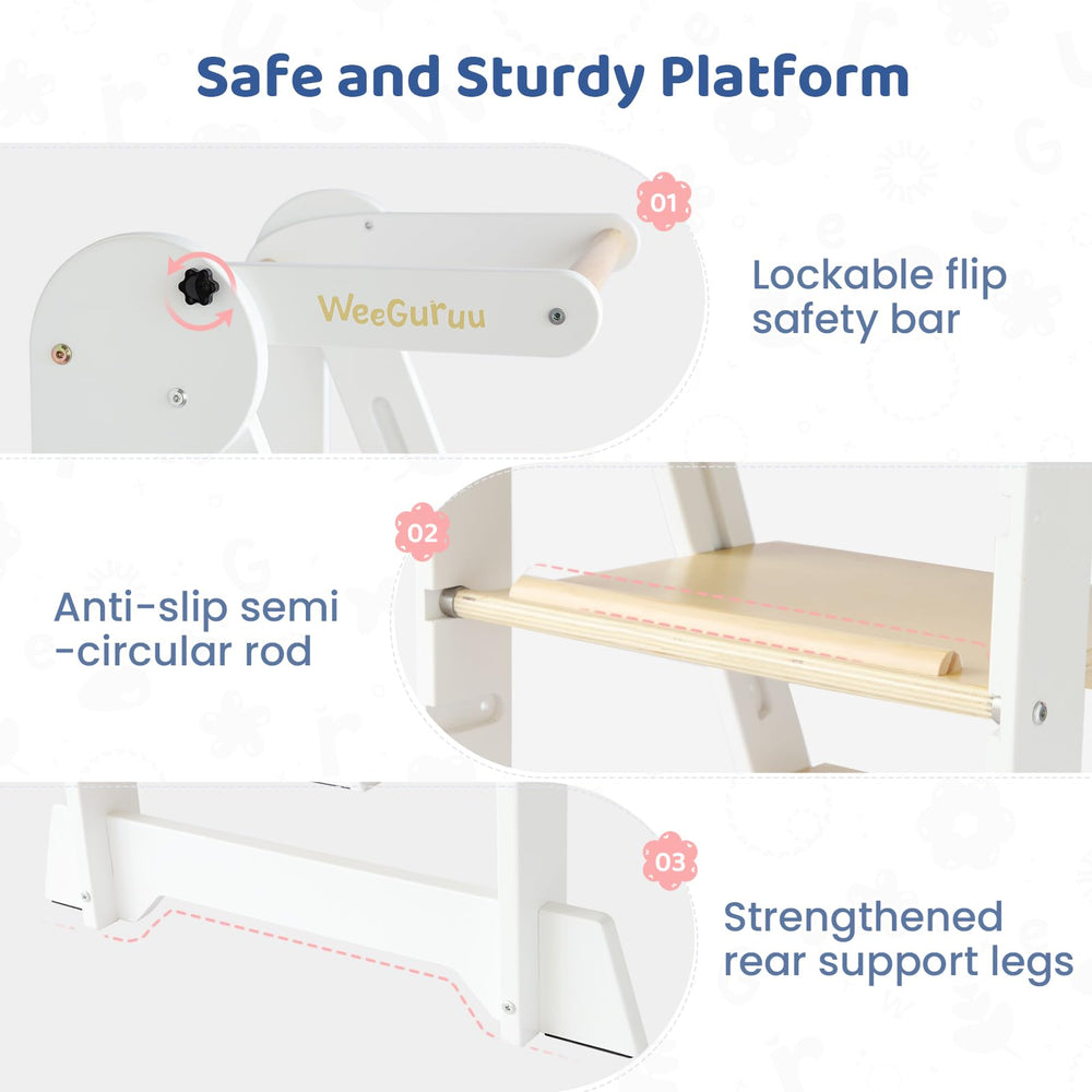 WeeGuruu Foldable Toddler Standing Tower anti-slip mats help prevent slips on smooth floors.