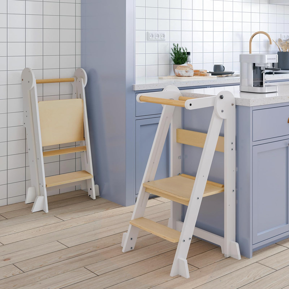 WeeGuruu Foldable Toddler Standing Tower assembly shows solid wood framing for safe kid participation.
