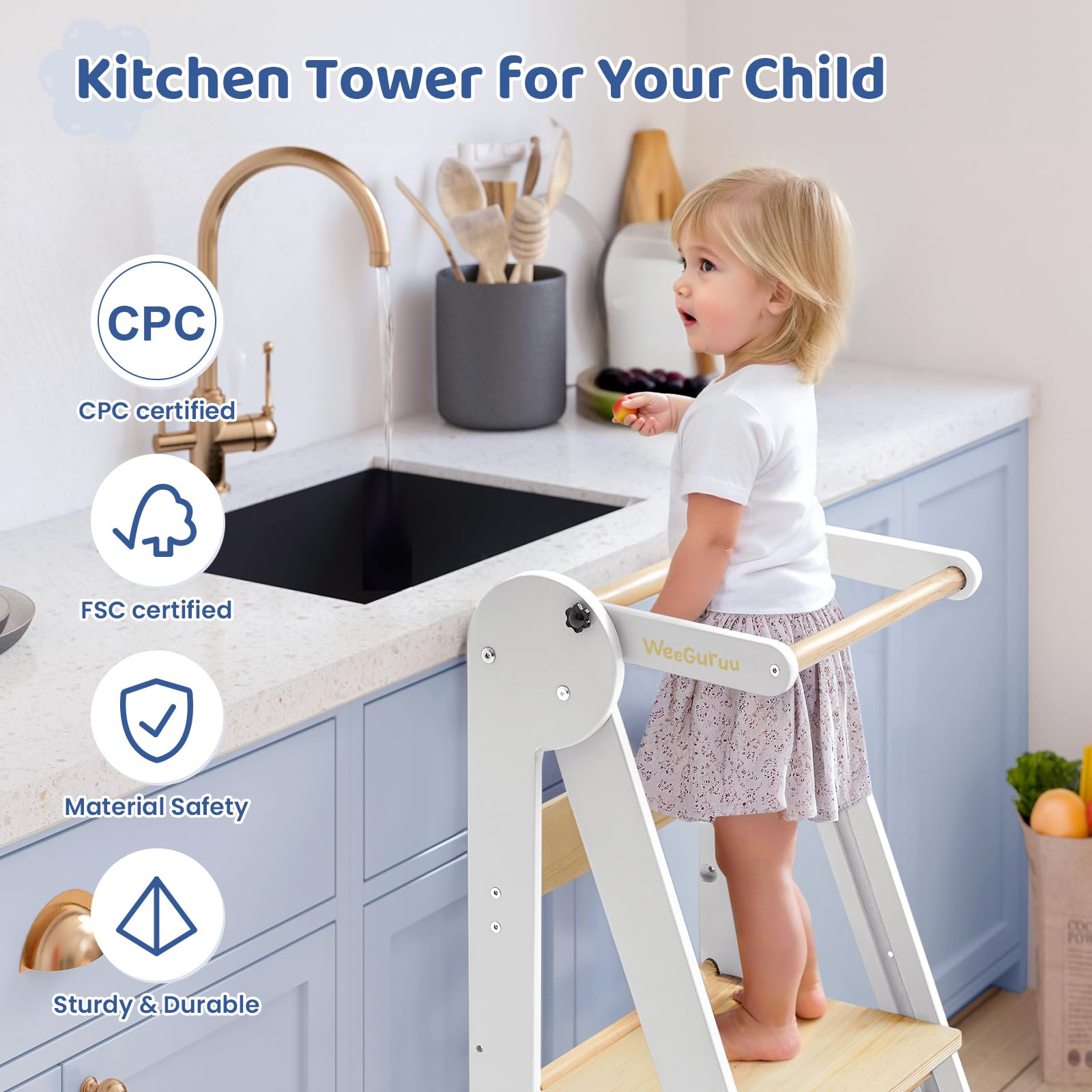 WeeGuruu Foldable Toddler Standing Tower is easy to wipe clean for busy households.