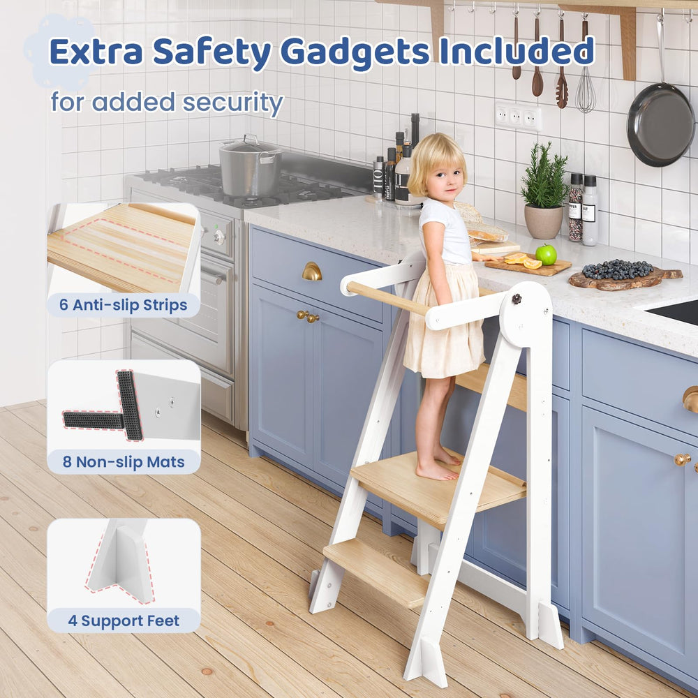 WeeGuruu Foldable Toddler Standing Tower folds flat for easy storage after meals.
