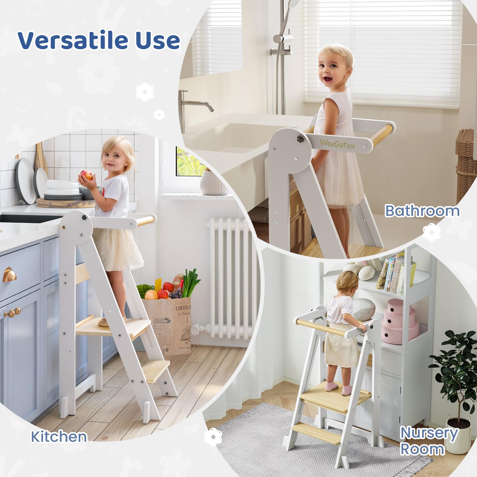 WeeGuruu Foldable Toddler Standing Tower in use encourages independent participation at the counter.