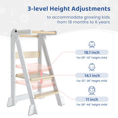 WeeGuruu Foldable Toddler Standing Tower safety rails provide added security at the counter.