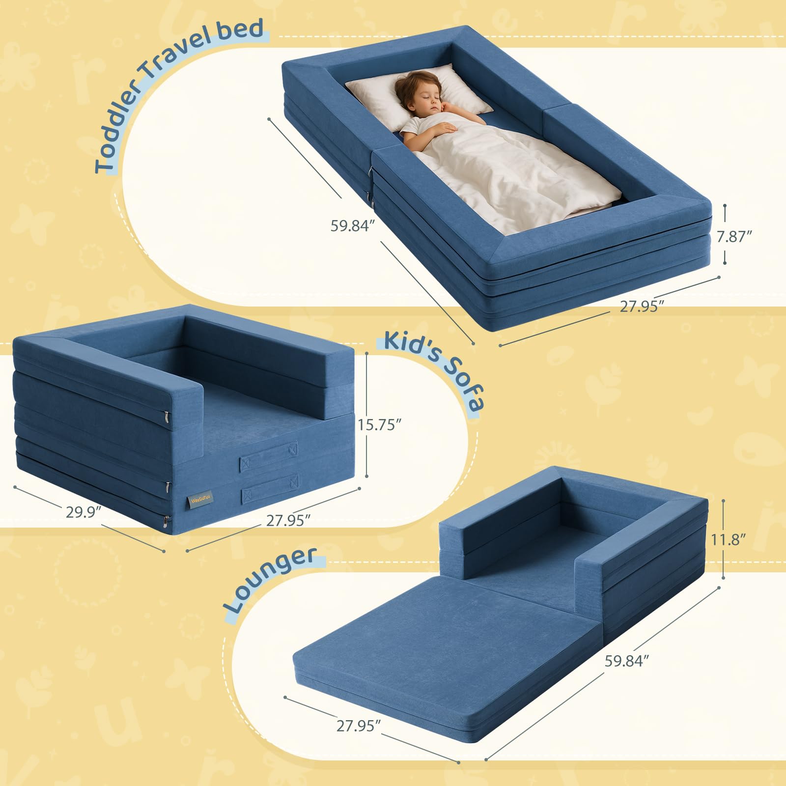 WeeGuruu toddler bed shown in sofa mode for cozy seating.
