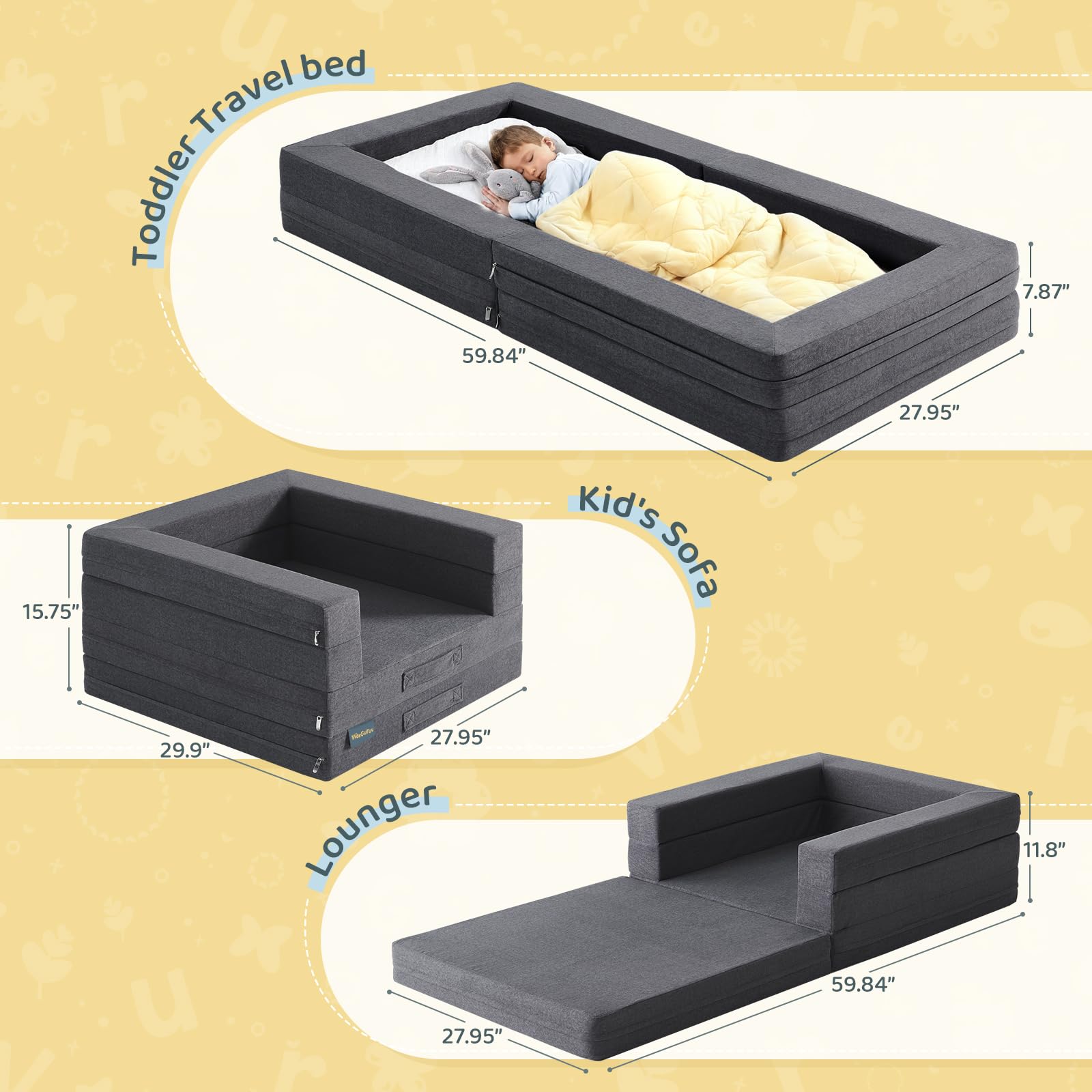WeeGuruu travel toddler bed setup shows quick 3-in-1 transformation for travel.