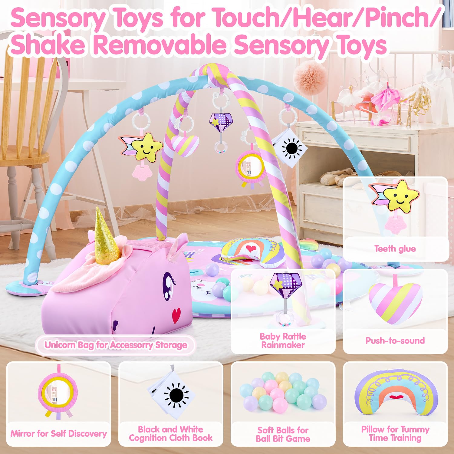 WeeHomm sensory toys on rod for interactive pull-and-release play