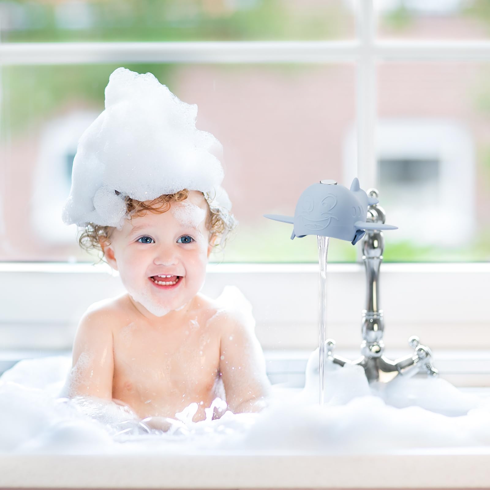 Weeme bath spout cover blue product shot demonstrates a safe design for kids