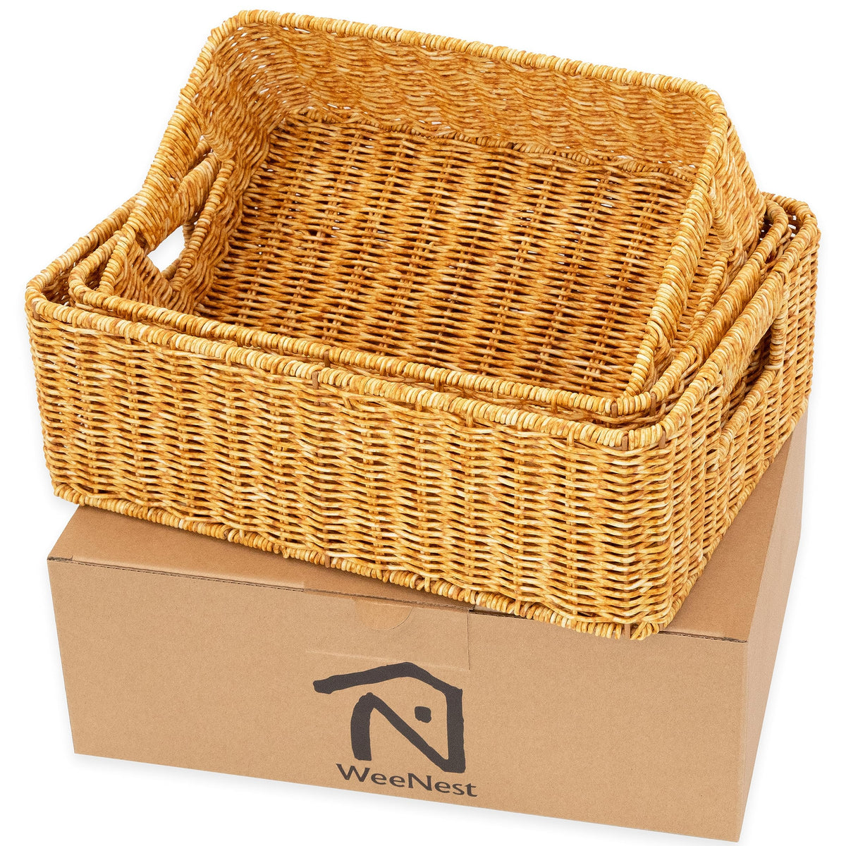 WeeNest Baskets rectangular amber set3 on shelf for organized closet storage.