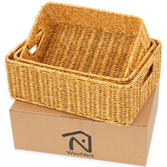 WeeNest Baskets rectangular amber set3 on shelf for organized closet storage.