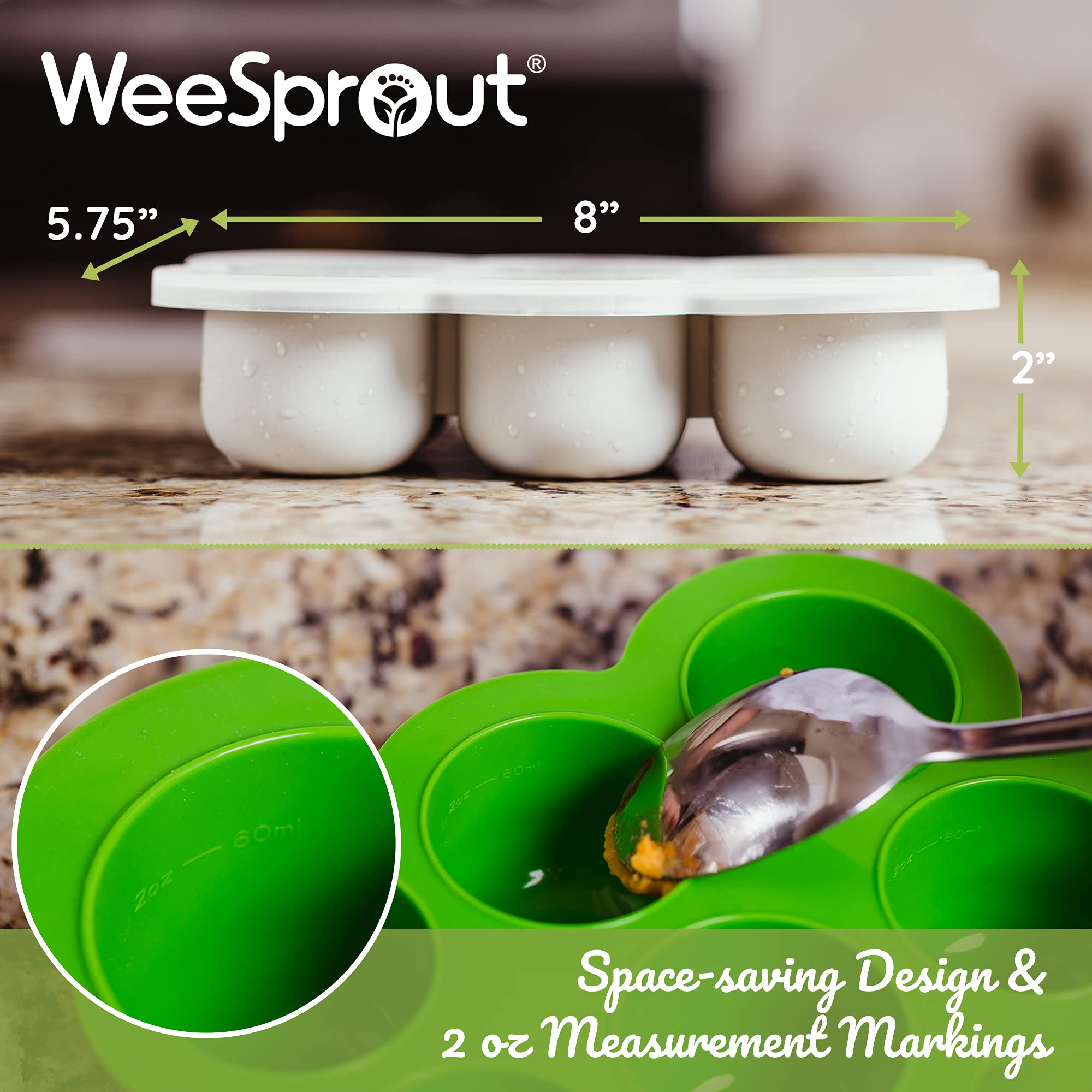WeeSprout tray shows 2-ounce markings to guide portion sizes for meals.