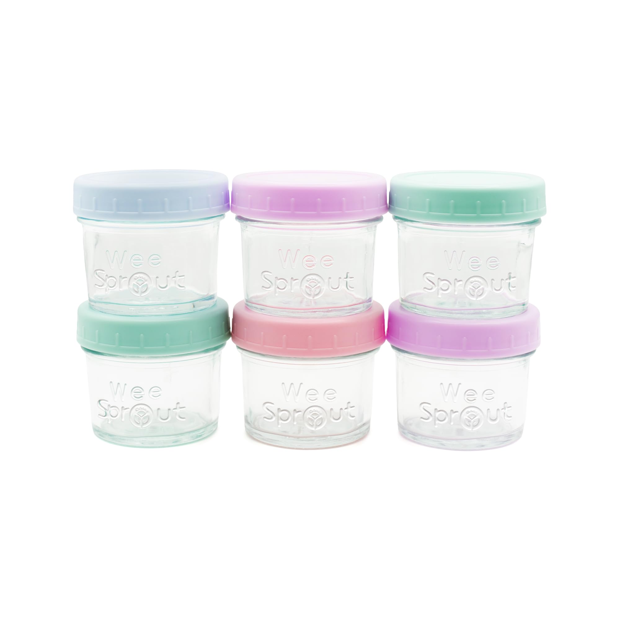 WeeSprout 4oz baby food storage jar with pastel lids, ideal for portioning meals.