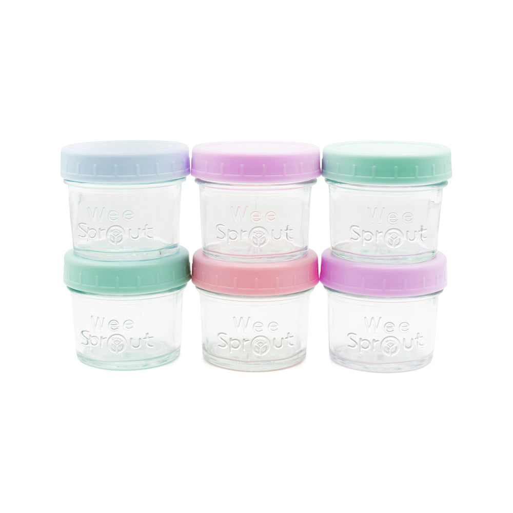 WeeSprout 4oz baby food storage jar with pastel lids, ideal for portioning meals.
