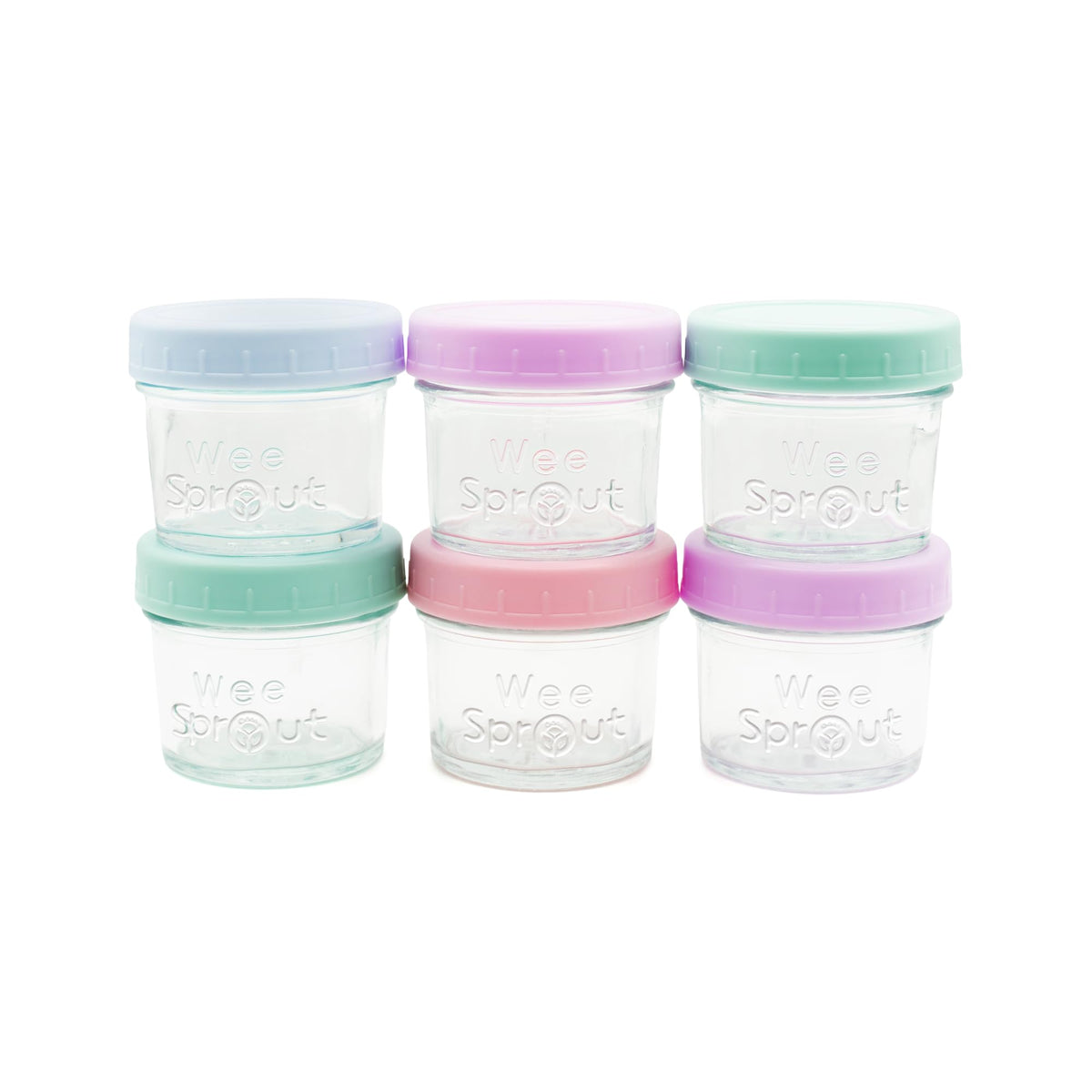 WeeSprout 4oz baby food storage jar with pastel lids, ideal for portioning meals.