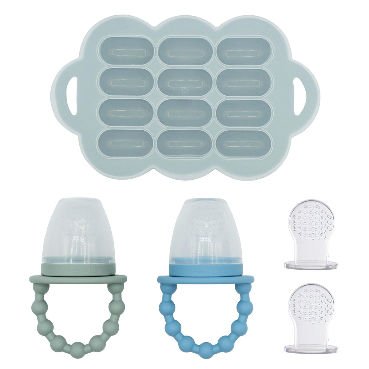 WeeSprout baby food feeders set two – safe openings for tiny tastes and gum relief.