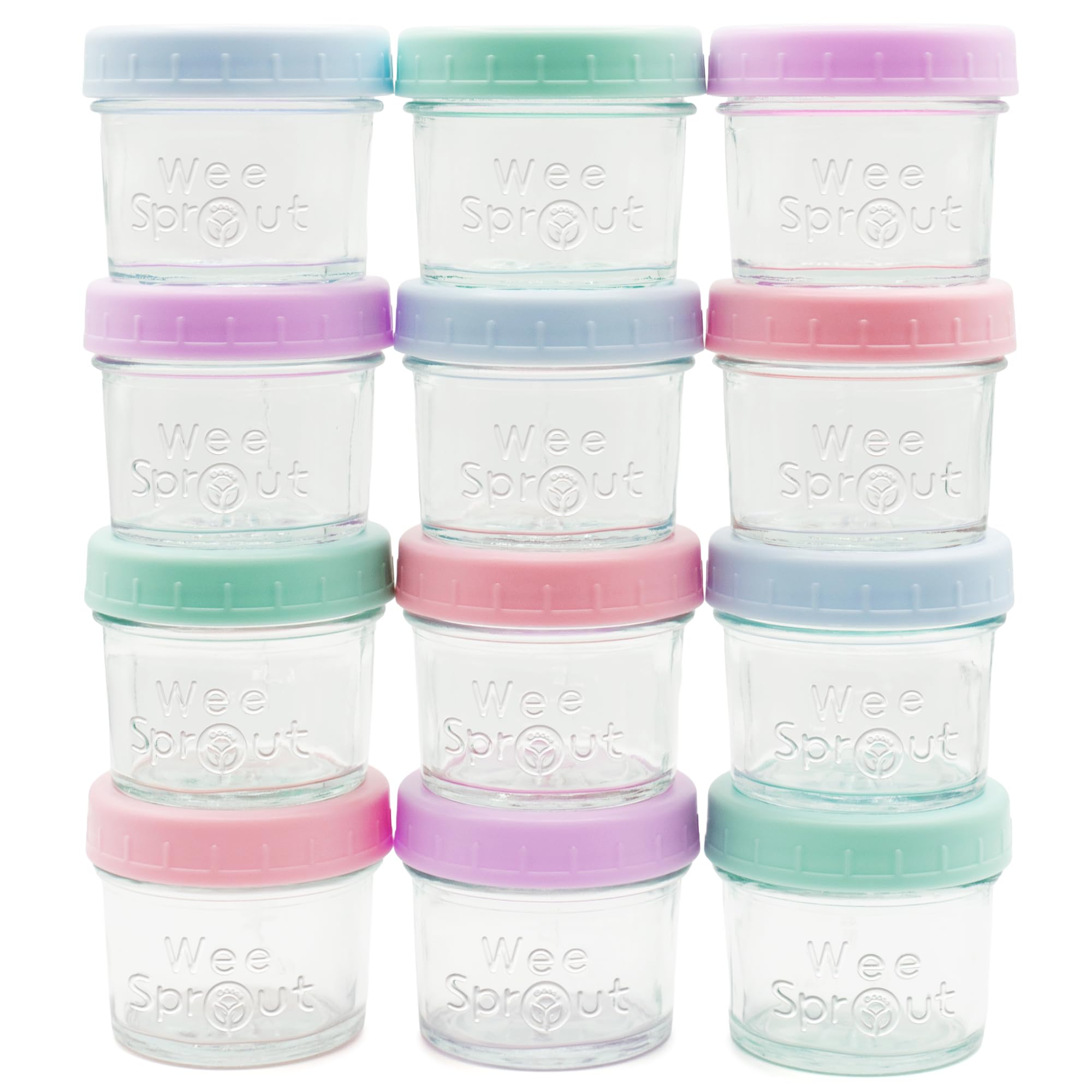WeeSprout 4oz glass jar with pastel lid for portioned baby meals and easy freezing.