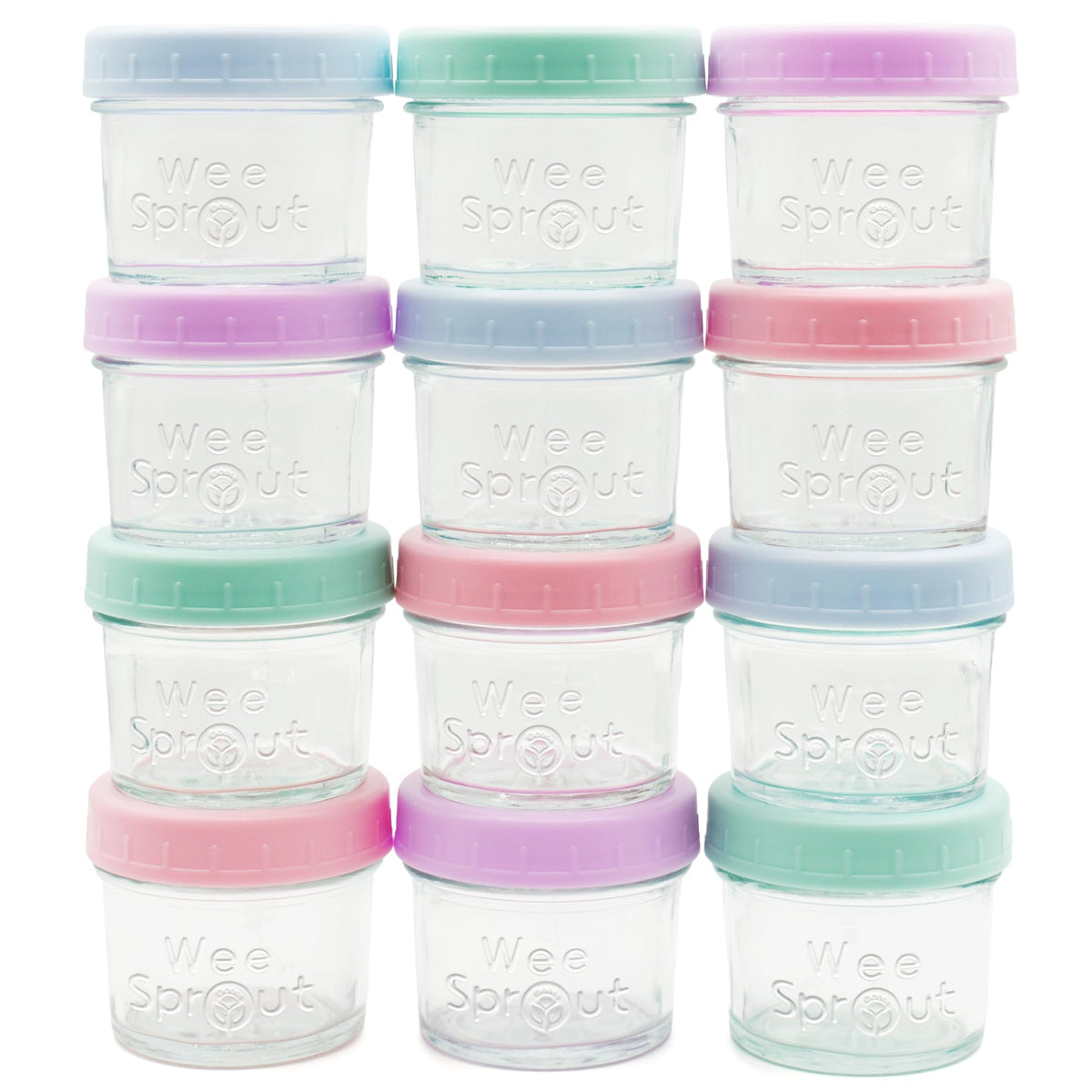 WeeSprout 4oz glass jar with pastel lid for portioned baby meals and easy freezing.