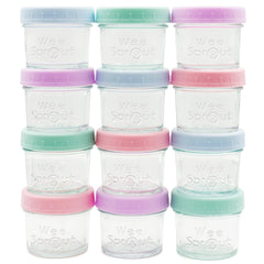 WeeSprout 4oz glass jar with pastel lid for portioned baby meals and easy freezing.