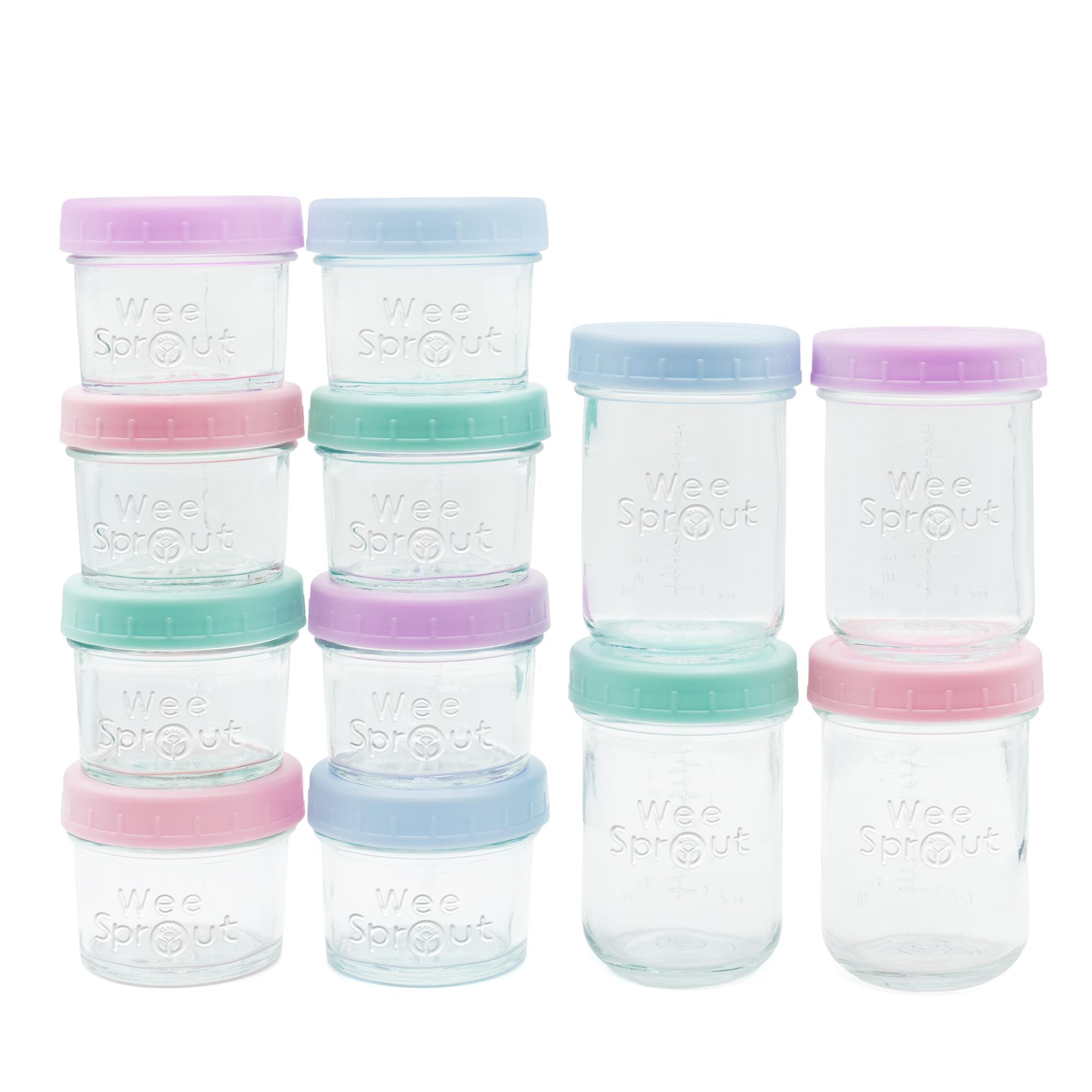 WeeSprout glass jars with pastel lids enable safe, portion-controlled meals.