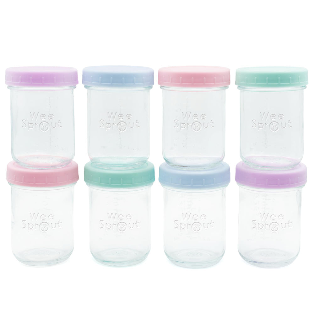 WeeSprout 8 oz glass jars with pastel lids for easy meal prep and fridge storage
