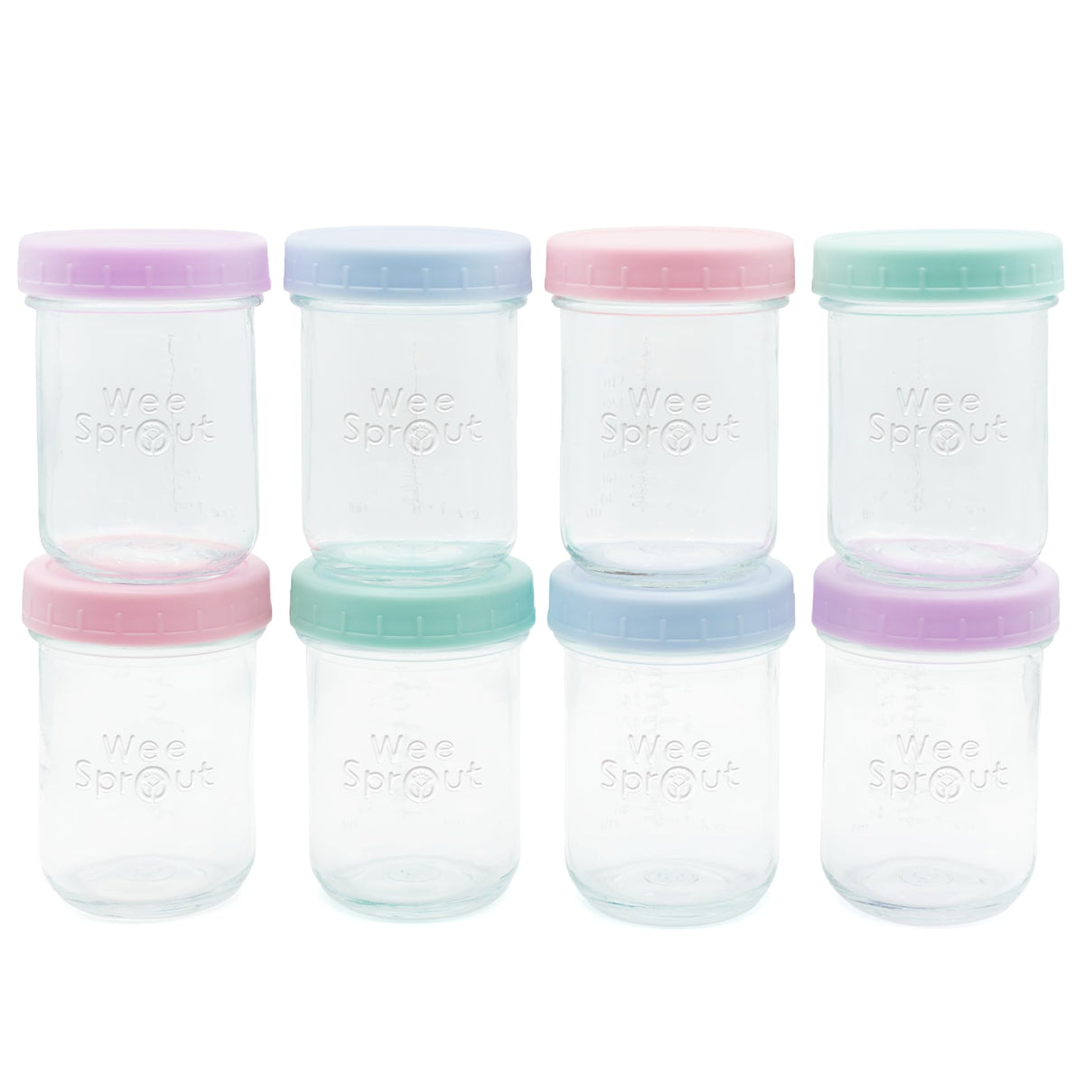 WeeSprout 8 oz glass jars with pastel lids for easy meal prep and fridge storage