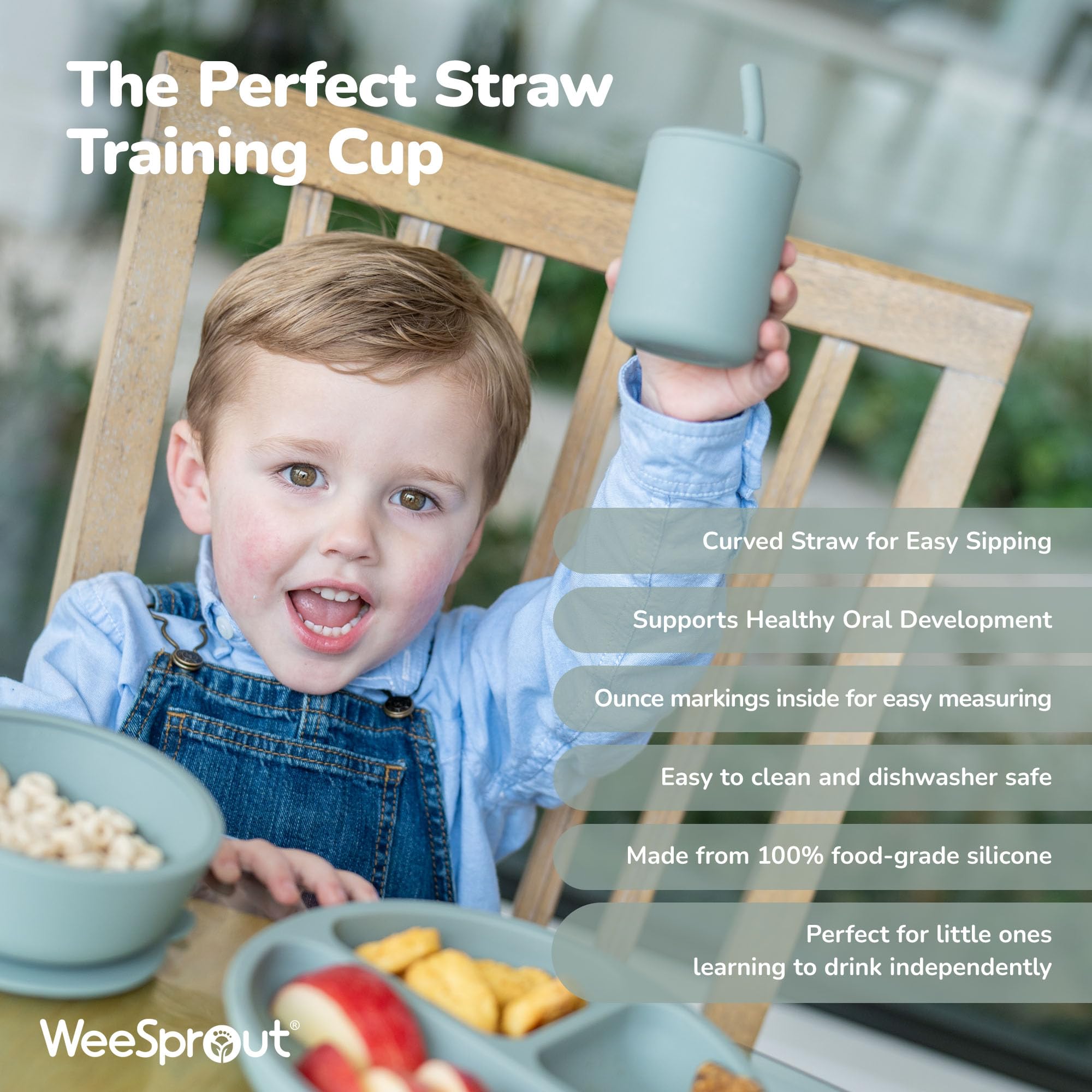 WeeSprout straw cup supports transition from bottle to cup with curved straw for proper lip closure.