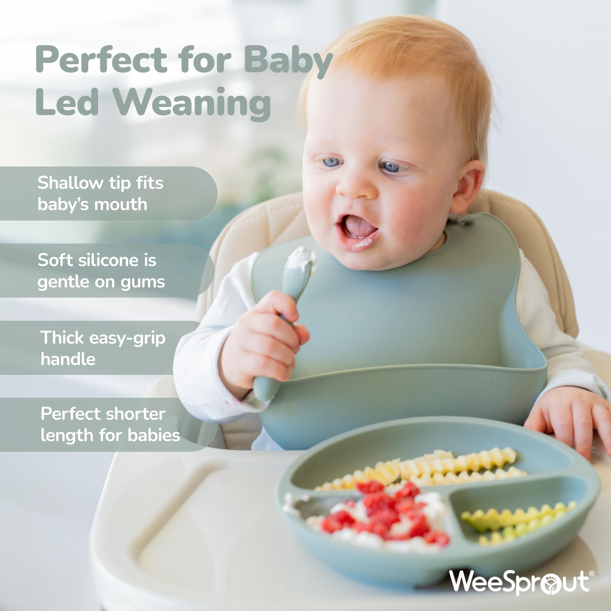 WeeSprout spoons with thick easy-grip handles for small hands.