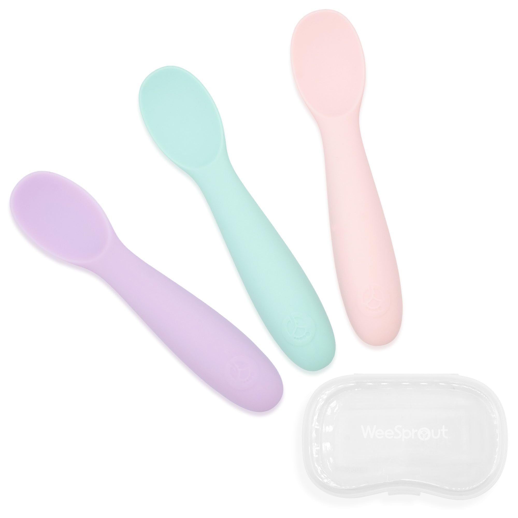 WeeSprout baby spoons with soft silicone handles for easy self-feeding.
