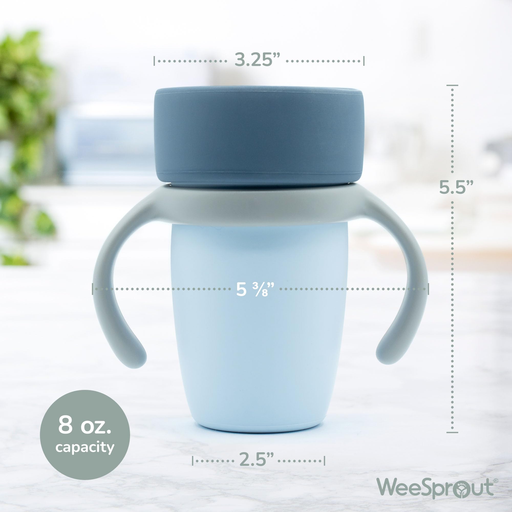 WeeSprout training cup with removable handles for easy grip by small hands.