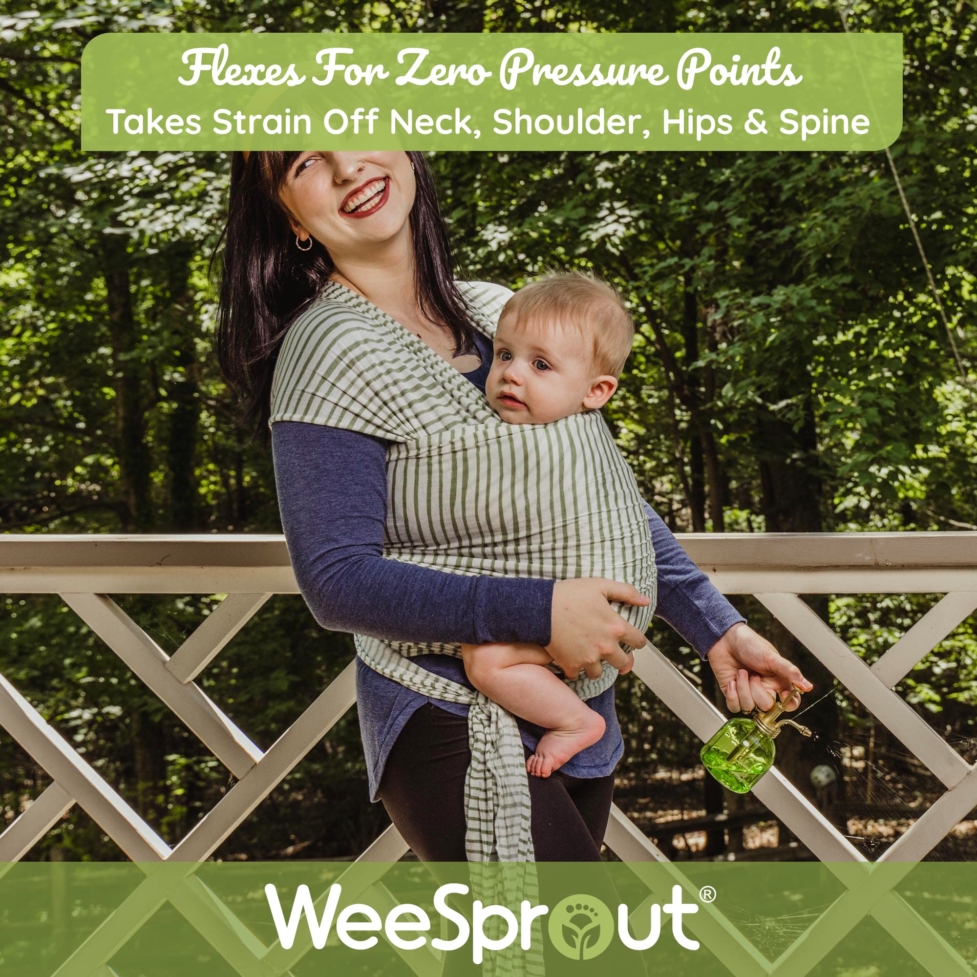 WeeSprout Baby Wrap Carrier one-size-fit-demo shows versatile wear for caregivers.