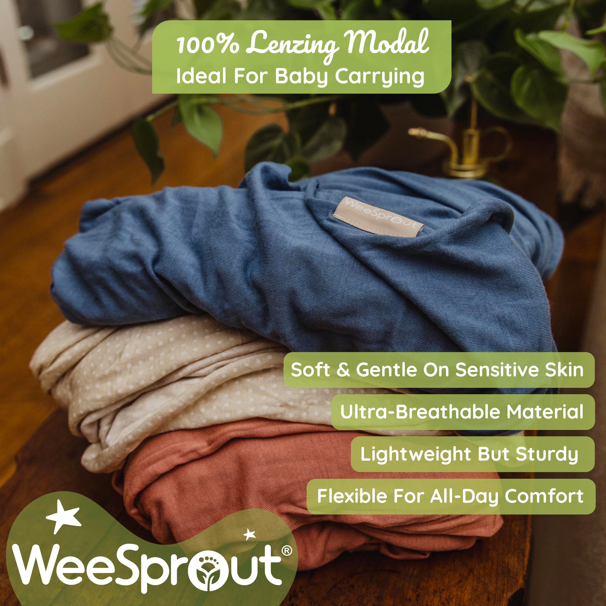 WeeSprout Baby Wrap features a one-size-fits-all adjustable design for growing baby and wearer.