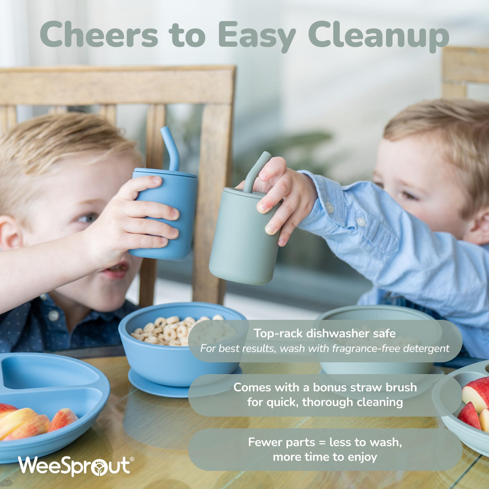 WeeSprout silicone cups with soft straw are gentle on gums.