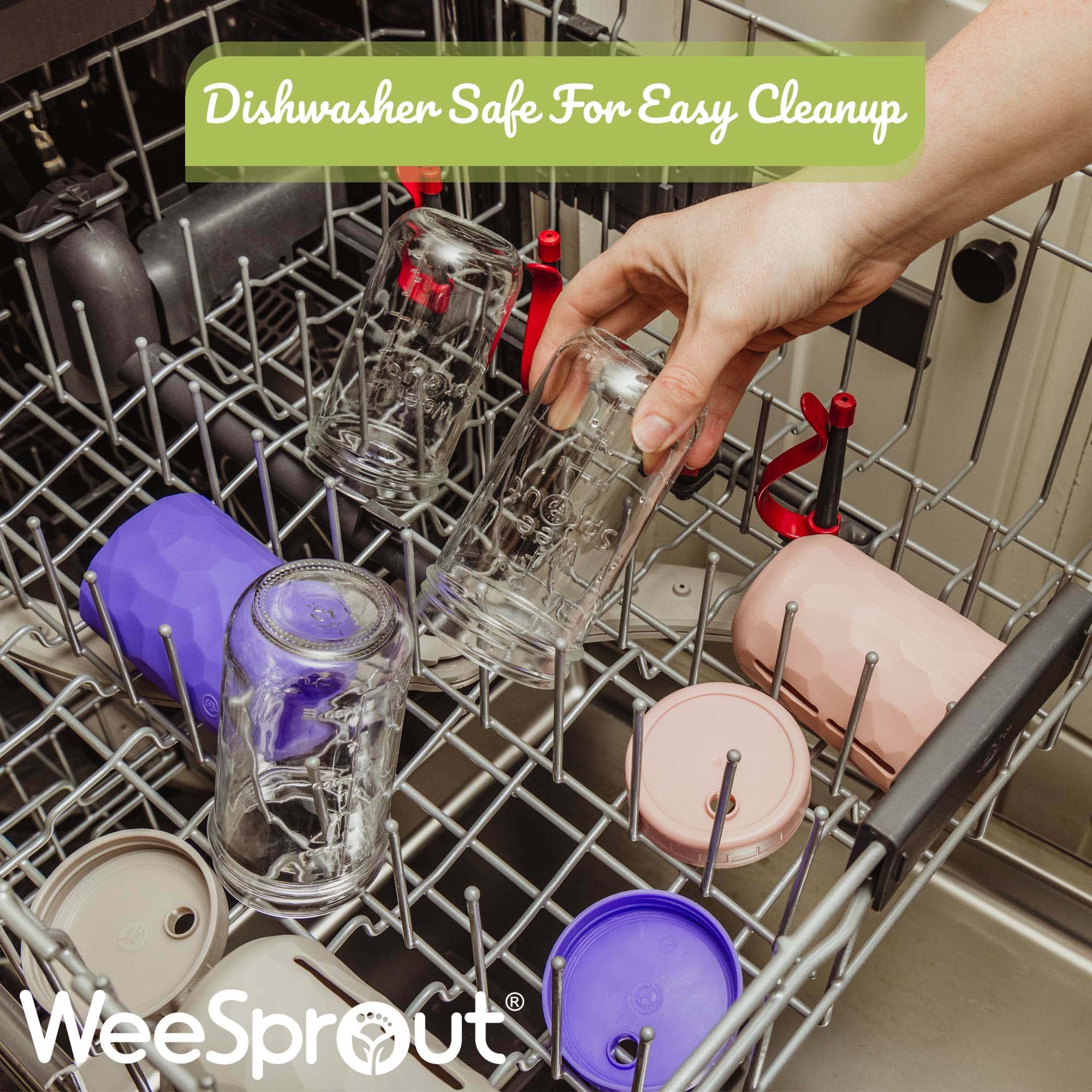 WeeSprout dishwasher-safe glass cups for easy-clean routines.