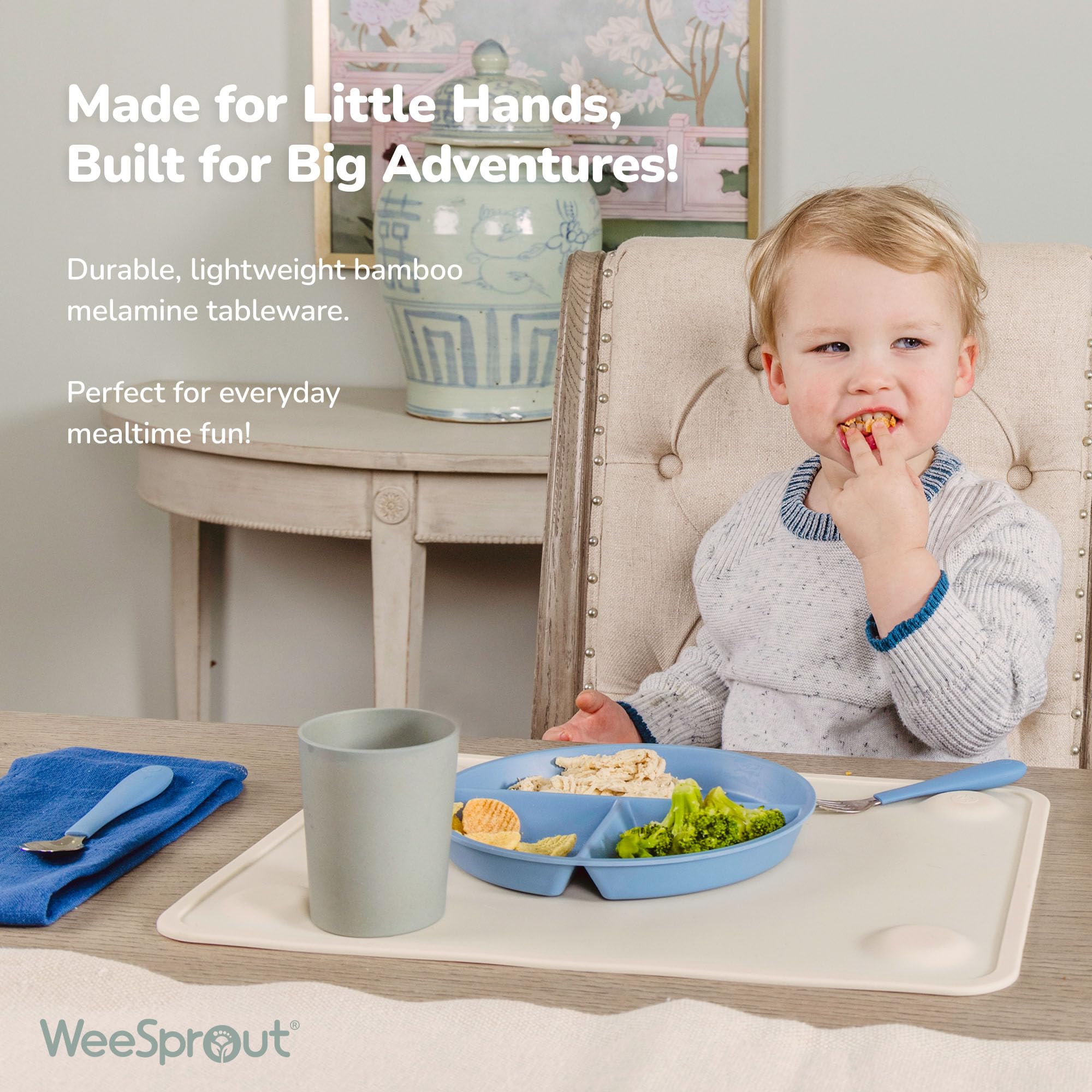 WeeSprout divided plate kid-friendly raised edges minimize spills during meals